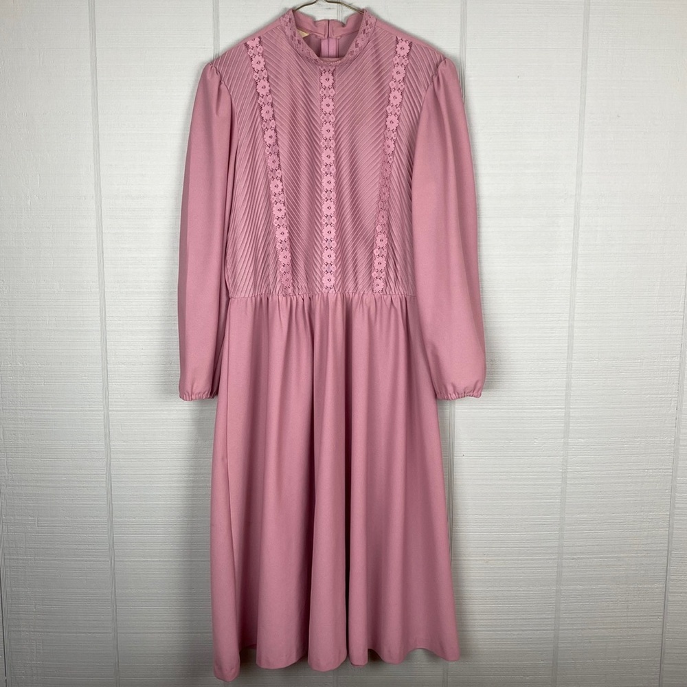 Vintage Sears Mauve Pink High Neck Lace Midi Long Sleeve Dress With Belt 14P